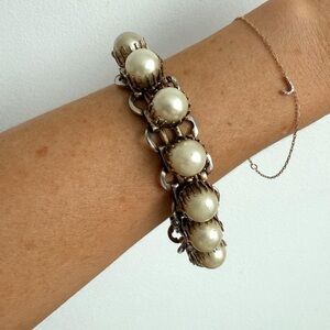 Vintage 60s Prong Set Silver & Faux Pearl Panel Link Bracelet